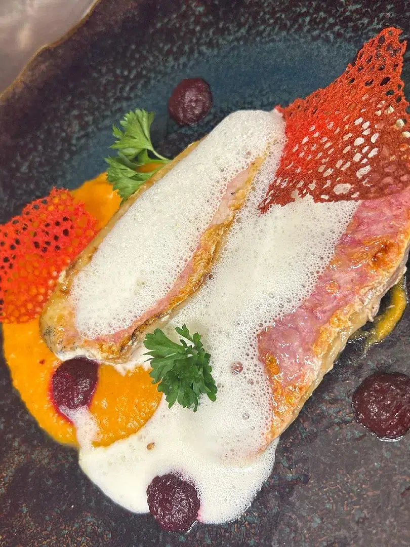 Plat gastronomique avec mousse et garniture